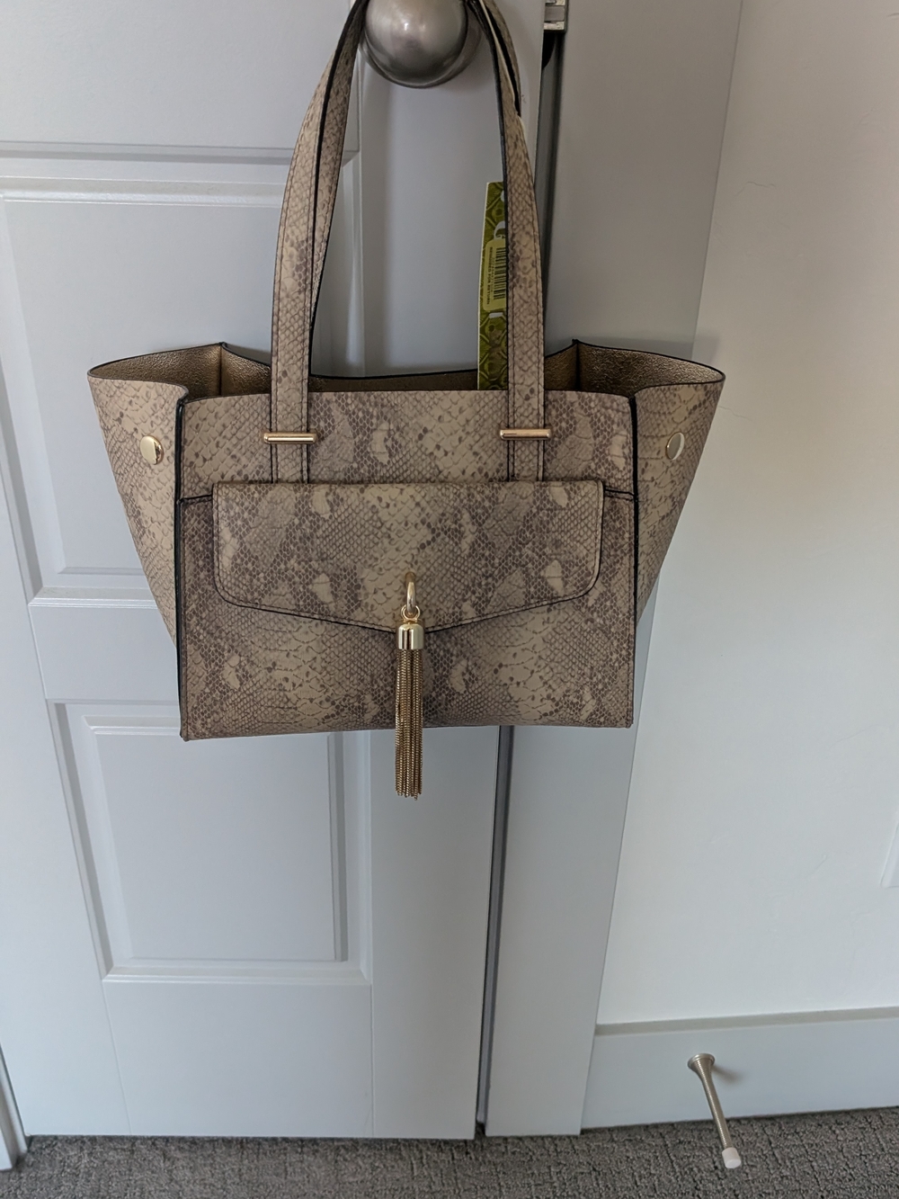Gianni Bini Taupe Snake-Print Satchel with Tassel